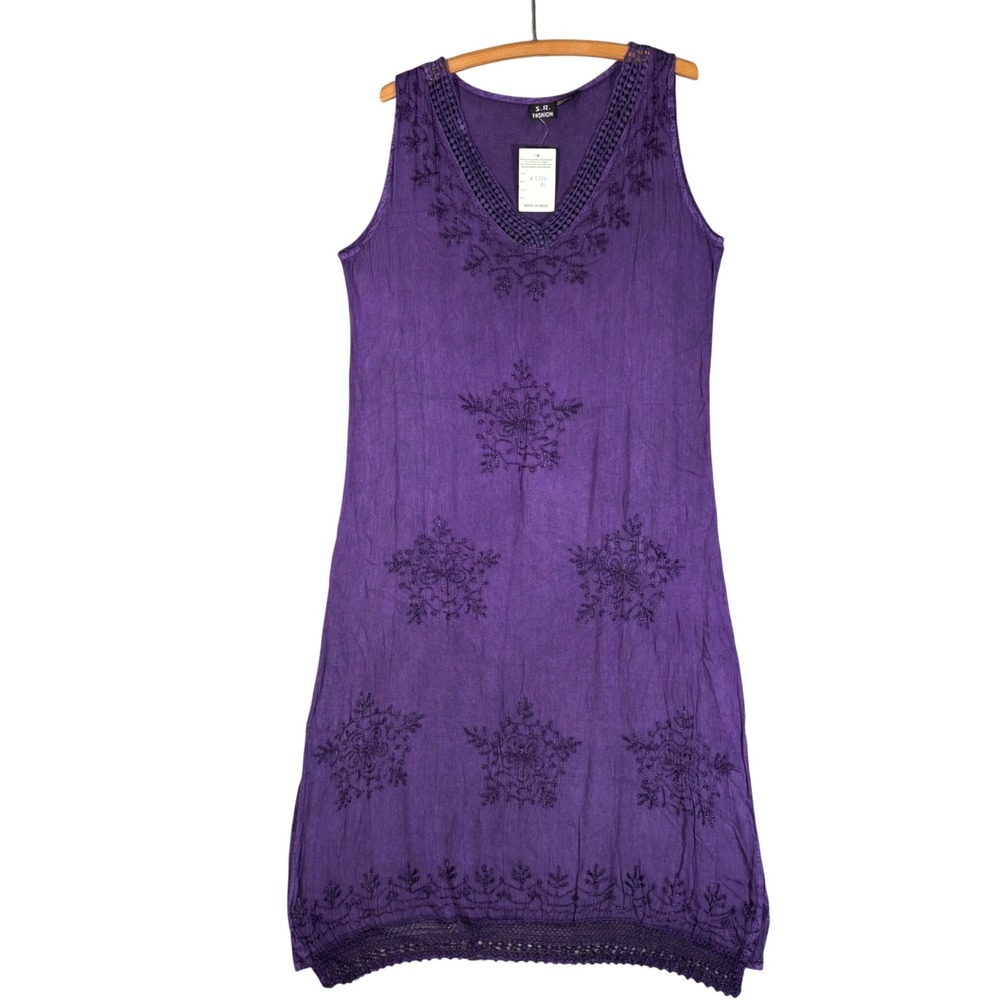 SR Fashion Purple Rayon Embroidered V-Neck Sleeveless Midi Dress XL NWT Boho